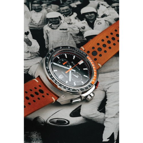 Bulova Mens Racer Chronograph Quartz Watch 42mm Silver-Tone Stainless Steel Case Brown Leather Strap with Black Dial