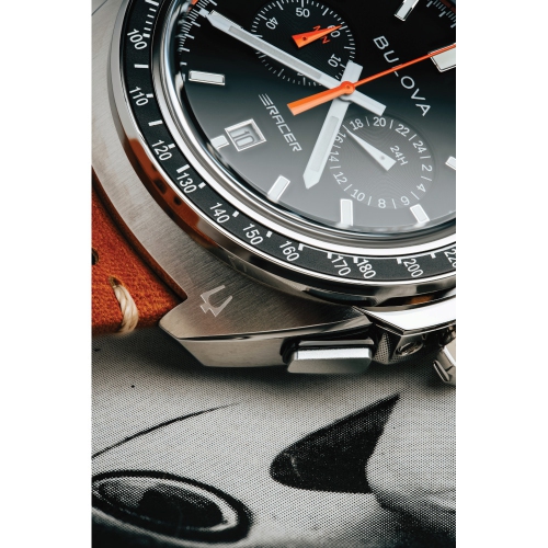 Bulova Mens Racer Chronograph Quartz Watch 42mm Silver-Tone Stainless Steel Case Brown Leather Strap with Black Dial