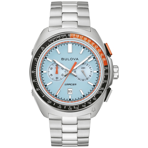 Bulova Mens Racer Chronograph Quartz Watch 42mm Silver-Tone Stainless Steel Case and Bracelet with Blue Dial