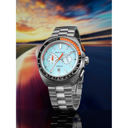 Bulova Mens Racer Chronograph Quartz Watch 42mm Silver-Tone Stainless Steel Case and Bracelet with Blue Dial