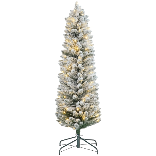 HOMCOM  5Ft Prelit Artificial Pencil Christmas Tree With Warm Led Light And 263 Snow Flocked Tips, Metal Base, Realistic Xmas Tree In White