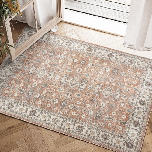 NIERBO  2 X 3 Area Rug - Entryway Rug Washable Rug Vintage Brick Rug Floral Accent Doormat Low Pile Rug Non Slip Rug Thin Retro Farmhouse Boho Rug