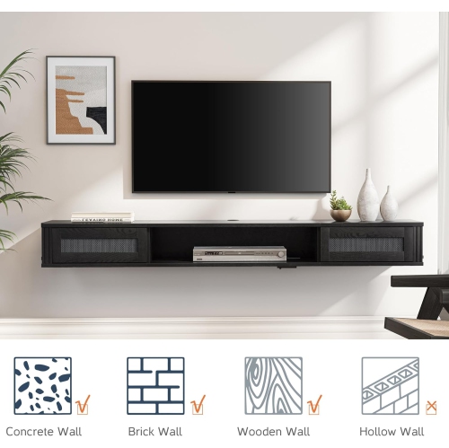 FITUEYES Mid Century Modern Floating TV Stand with Power Outlet,70 inch Wall Mounted Shelf Under TV, Media Console Stand with 2 Rattan Doors for