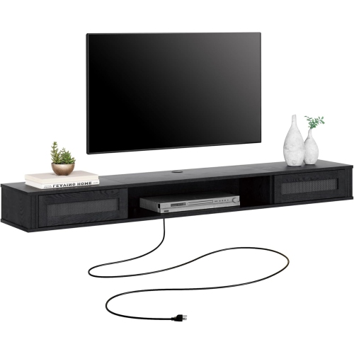 FITUEYES Mid Century Modern Floating TV Stand with Power Outlet,70 inch Wall Mounted Shelf Under TV, Media Console Stand with 2 Rattan Doors for