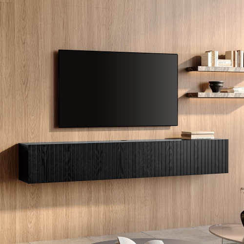 FITUEYES Large Floating TV Shelf Wood Media Entertainment Center,Wall Mounted Shelf with 3 Fluted Doors for TVs up to 80" for Living Room,