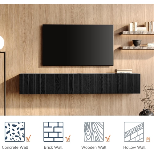 FITUEYES Large Floating TV Shelf Wood Media Entertainment Center,Wall Mounted Shelf with 3 Fluted Doors for TVs up to 80" for Living Room,