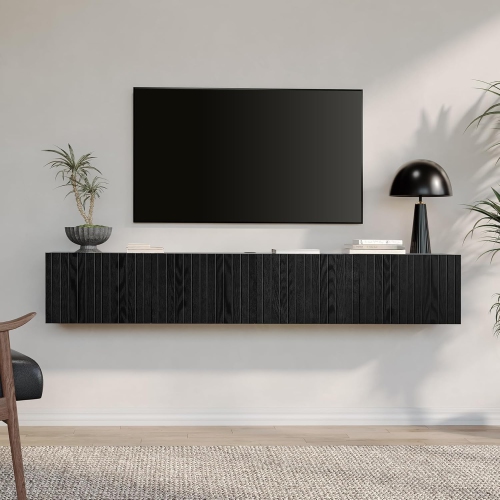 FITUEYES Large Floating TV Shelf Wood Media Entertainment Center,Wall Mounted Shelf with 3 Fluted Doors for TVs up to 80" for Living Room,