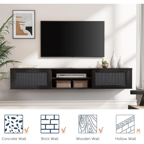 FITUEYES 2-Tier Floating TV Stand with Power Outlet, Floating Entertainment Center for Wall, 70" Wall Mounted TV Shelf with 2 Rattan Doors for Living