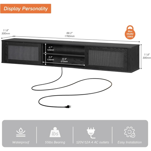 FITUEYES 2-Tier Floating TV Stand with Power Outlet, Floating Entertainment Center for Wall, 70" Wall Mounted TV Shelf with 2 Rattan Doors for Living