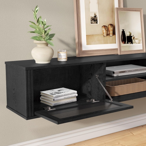 FITUEYES 2-Tier Floating TV Stand with Power Outlet, Floating Entertainment Center for Wall, 70" Wall Mounted TV Shelf with 2 Rattan Doors for Living