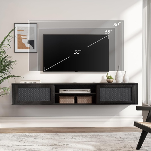 FITUEYES 2-Tier Floating TV Stand with Power Outlet, Floating Entertainment Center for Wall, 70" Wall Mounted TV Shelf with 2 Rattan Doors for Living