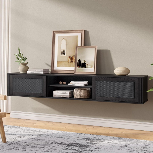 FITUEYES 2-Tier Floating TV Stand with Power Outlet, Floating Entertainment Center for Wall, 70" Wall Mounted TV Shelf with 2 Rattan Doors for Living