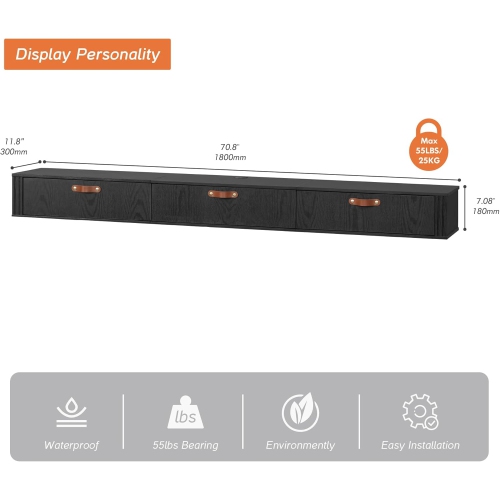 FITUEYES Black Floating TV Stand,70" Modern Media Console Entertainment Center with 3 Flip-Down Doors for Living Room, Bedroom