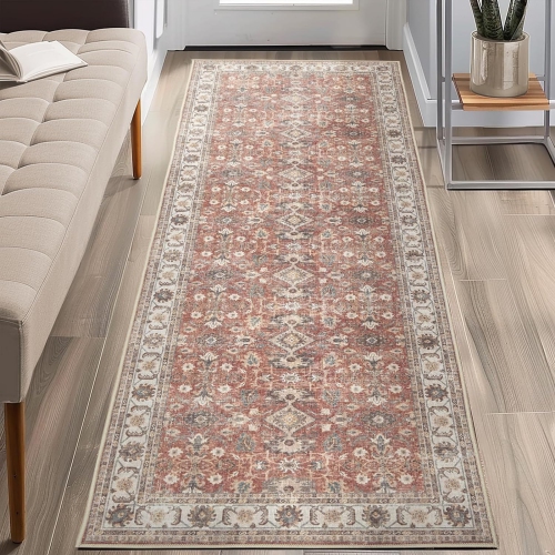 NIERBO  2 X 6 Runner Rug - Washable Runner Rug Vintage Hallway Runner Brick Rug Non Slip Rug Floral Print Retro Farmhouse Rug Low Pile Runners For