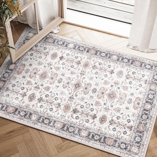 NIERBO  2 X 3 Area Rug - Entryway Rug Washable Rug Vintage Taupe Rug Floral Accent Doormat Low Pile Rug Non Slip Rug Thin Retro Farmhouse Boho Rug For