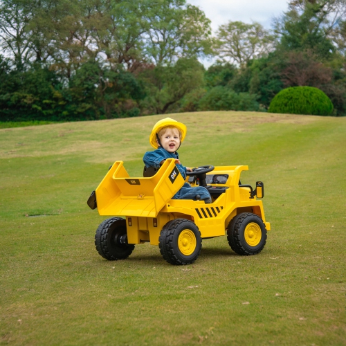 CAT 12V Dump Truck for 3-6yrs: LED, MP3, USB, Suspension, Remote, Construction Fun.