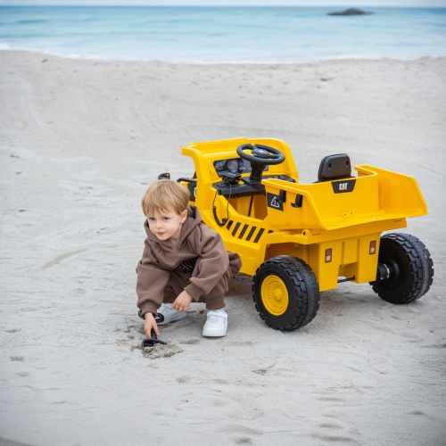CAT 12V Dump Truck for 3-6yrs: LED, MP3, USB, Suspension, Remote, Construction Fun.