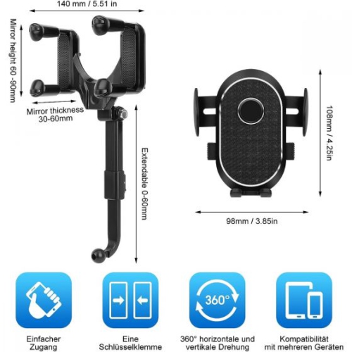 Universal 360° Rotatable And Retractable Car Phone Holder Rearview Mirror Bracket