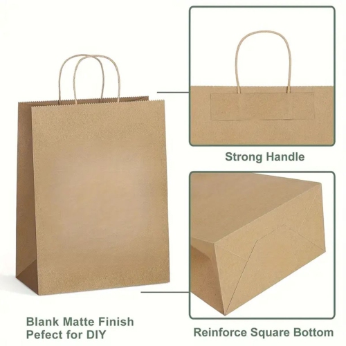 Sacs en papier brun avec poignées taille mixte | papier kraft 100 % recyclable | idéal pour les cadeaux, le magasinage, la boutique, l’emballage, la