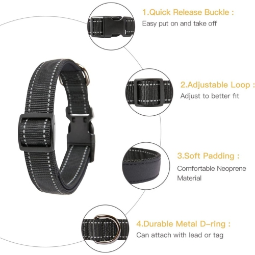 Grand collier noir rembourré pour animaux avec bordure réfléchissante