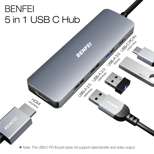 BENFEI USB C Hub 5-in-1 with 4K HDMI(Certified), 100W Power Delivery, 3 USB-A