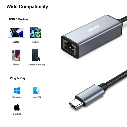 Adaptateur USB-C vers Ethernet BENFEI, USB-C vers adaptateur réseau local Ethernet Gigabit RJ45