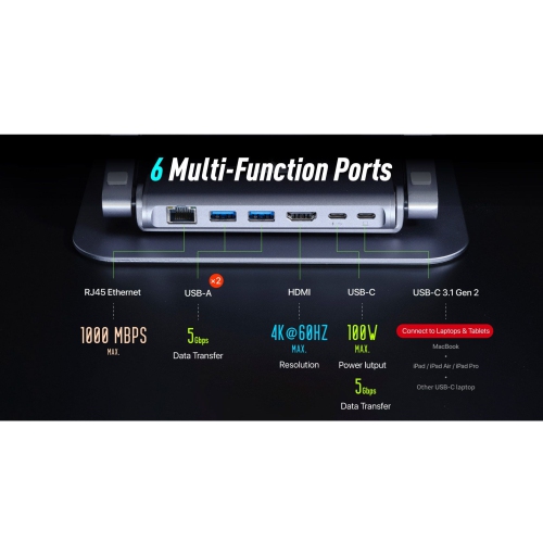 ADAM Elements Hub Stand Pro 6-in-1 Multifunction Aluminum Laptop Stand Hub 360 Rotatable Base USB-C to USB-A 3.1 x2 USB-C PD@100W x1 USB-C 3.1 Gen 2