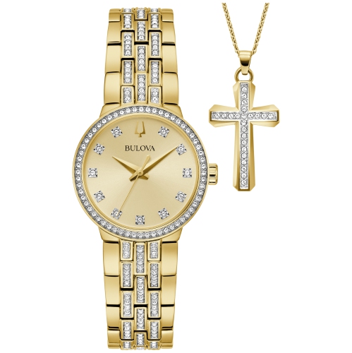 Bulova Ladies Quartz Box-Set 28.5mm Gold-Tone Stainless Steel Case and Bracelet with Champagne Dial with corresponding cross pendant necklace