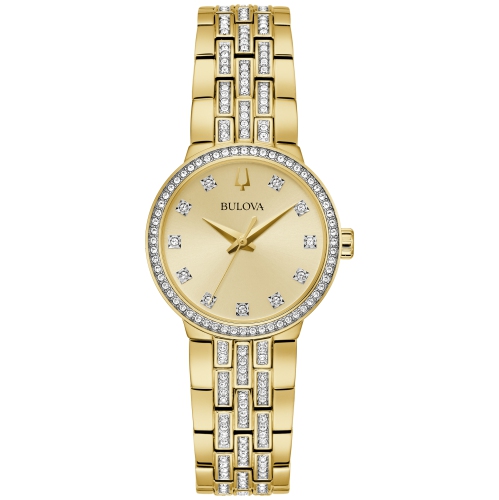 Bulova Ladies Quartz Box-Set 28.5mm Gold-Tone Stainless Steel Case and Bracelet with Champagne Dial with corresponding cross pendant necklace
