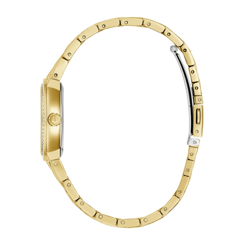 Bulova Ladies Quartz Box-Set 28.5mm Gold-Tone Stainless Steel Case and Bracelet with Champagne Dial with corresponding cross pendant necklace