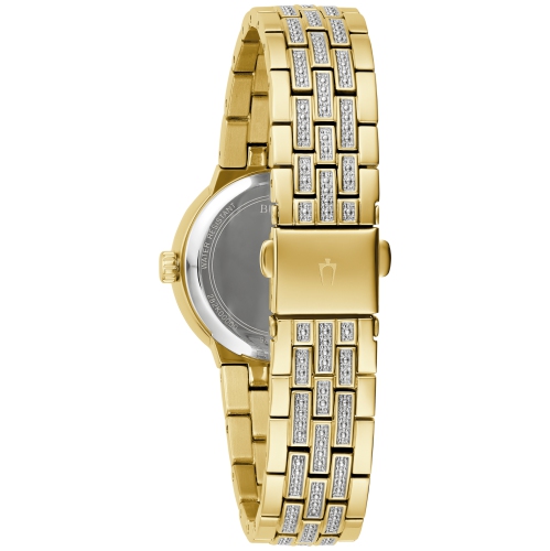 Bulova Ladies Quartz Box-Set 28.5mm Gold-Tone Stainless Steel Case and Bracelet with Champagne Dial with corresponding cross pendant necklace