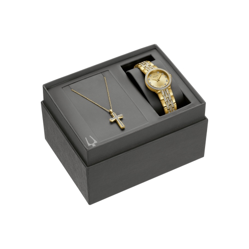 Bulova Ladies Quartz Box-Set 28.5mm Gold-Tone Stainless Steel Case and Bracelet with Champagne Dial with corresponding cross pendant necklace