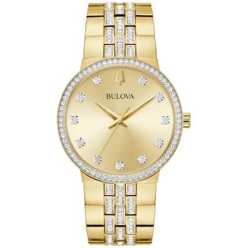 Bulova Mens Crystal Quartz Box-Set 40mm Gold-Tone Stainless Steel Case and Bracelet with Champagne Dial with corresponding cross pendant necklace