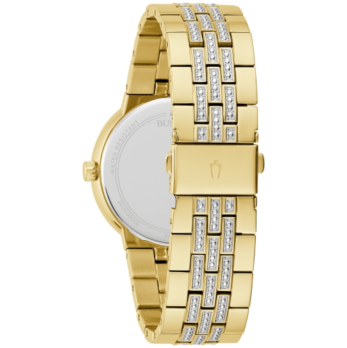 Bulova Mens Crystal Quartz Box-Set 40mm Gold-Tone Stainless Steel Case and Bracelet with Champagne Dial with corresponding cross pendant necklace
