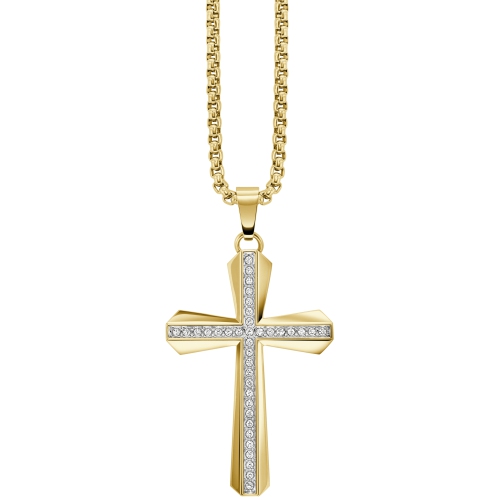 Bulova Mens Crystal Quartz Box-Set 40mm Gold-Tone Stainless Steel Case and Bracelet with Champagne Dial with corresponding cross pendant necklace