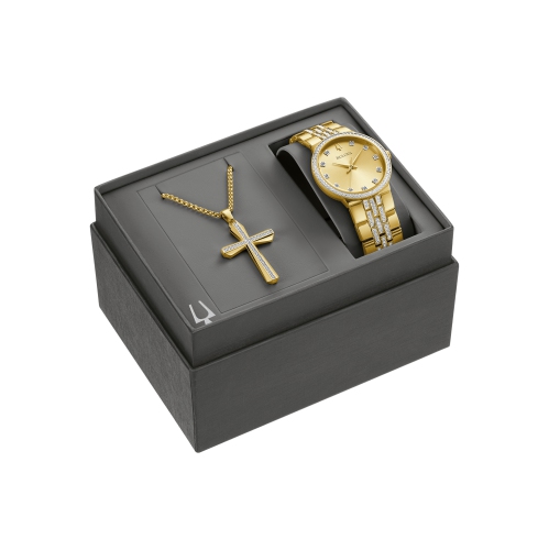 Bulova Mens Crystal Quartz Box-Set 40mm Gold-Tone Stainless Steel Case and Bracelet with Champagne Dial with corresponding cross pendant necklace