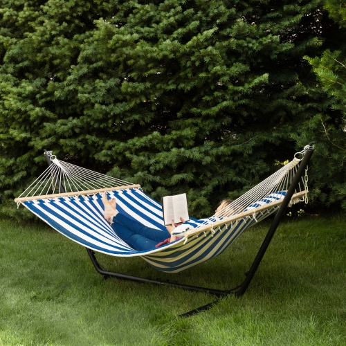 Striped Quilted Two Person Double Hammock with Pillow - 9' x 55" - Blue and Cream