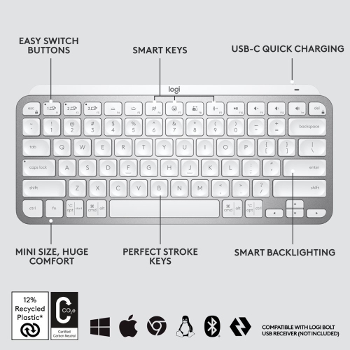 Logitech MX Keys Mini TKL Wireless Bluetooth Scissor Keyboard with Backlit Keys - Pale Gray by LOGITECH - Open Box condition - Image 2