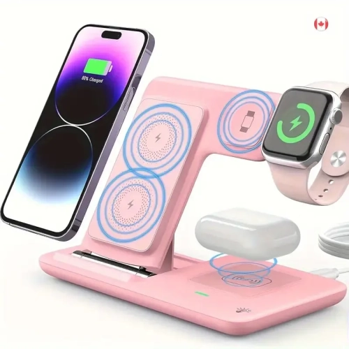 Pink Wireless Charging Station, 3-in-1 Folding Mobile Phone Wireless Charger Bracket, Suitable for iPhone 17,16,15, 14, 13, 12, 11/Pro/Max/Mini/Plus,