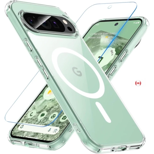 Étui magnétique transparent pour Pixel 9/9 Pro de Google avec MagSafe et protecteur d'écran en verre trempé – mince, antichoc, protecteur