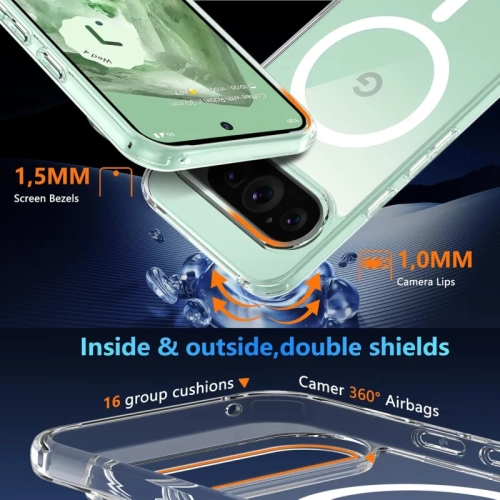Étui magnétique transparent pour Pixel 9/9 Pro de Google avec MagSafe et protecteur d'écran en verre trempé – mince, antichoc, protecteur