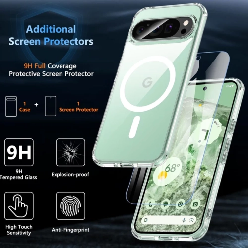 Étui magnétique transparent pour Pixel 9/9 Pro de Google avec MagSafe et protecteur d'écran en verre trempé – mince, antichoc, protecteur