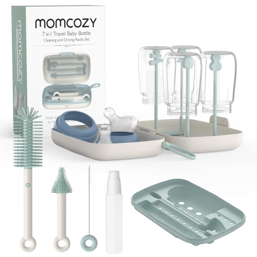 Momcozy Bottle Brush Set - Baby Bottle Cleaner Kit with Silicone Brush, Nipple Brush, Straw Brush, Soap Dispenser, Drying Rack - 7 in 1 Bottle Cleani