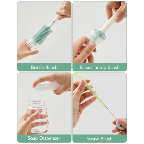 Momcozy Bottle Brush Set - Baby Bottle Cleaner Kit with Silicone Brush, Nipple Brush, Straw Brush, Soap Dispenser, Drying Rack - 7 in 1 Bottle