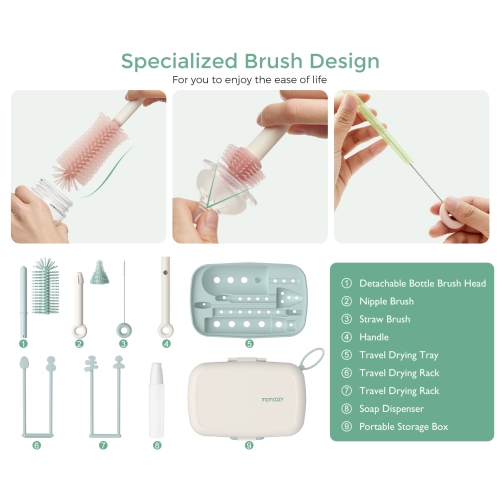 Momcozy Bottle Brush Set - Baby Bottle Cleaner Kit with Silicone Brush, Nipple Brush, Straw Brush, Soap Dispenser, Drying Rack - 7 in 1 Bottle