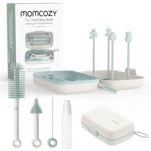 Momcozy Bottle Brush Set - Baby Bottle Cleaner Kit with Silicone Brush, Nipple Brush, Straw Brush, Soap Dispenser, Drying Rack - 7 in 1 Bottle