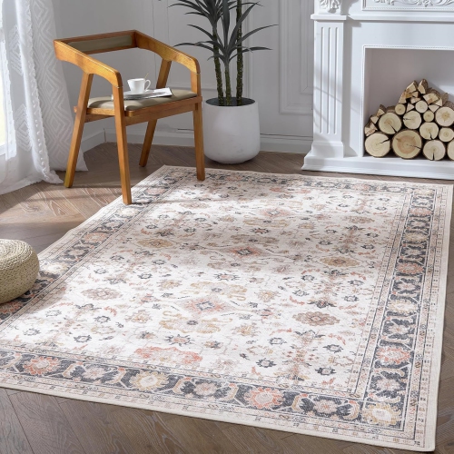 NIERBO  4 X 6 Area Rug - Entryway Rug Washable Rug Vintage Taupe Rug Floral Print Doormat Low Pile Rug Non Slip Rug Thin Retro Farmhouse Boho Rug For