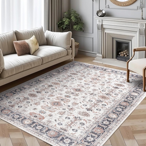 NIERBO  5 X 7 Area Rug - Entryway Rug Washable Rug Vintage Taupe Rug Floral Print Doormat Low Pile Rug Non Slip Rug Thin Retro Farmhouse Boho Rug For