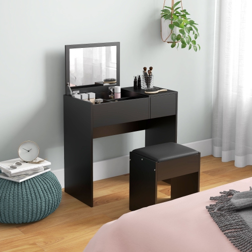 HOMCOM Makeup Vanity Desk with Flip Top Mirror and Cushioned Stool, Dressing Table with Storage Drawer for Bedroom, Black