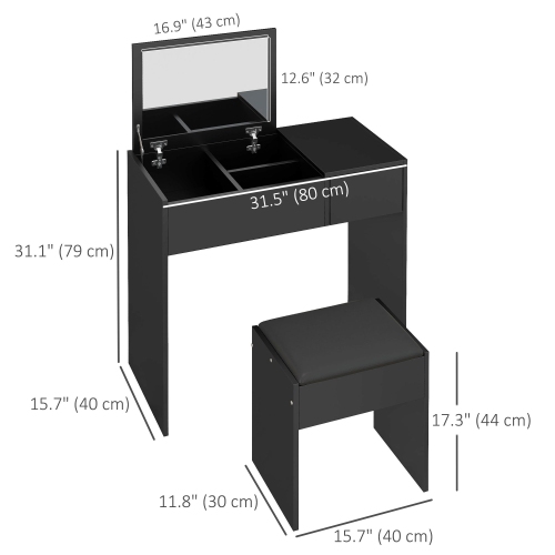 HOMCOM Makeup Vanity Desk with Flip Top Mirror and Cushioned Stool, Dressing Table with Storage Drawer for Bedroom, Black
